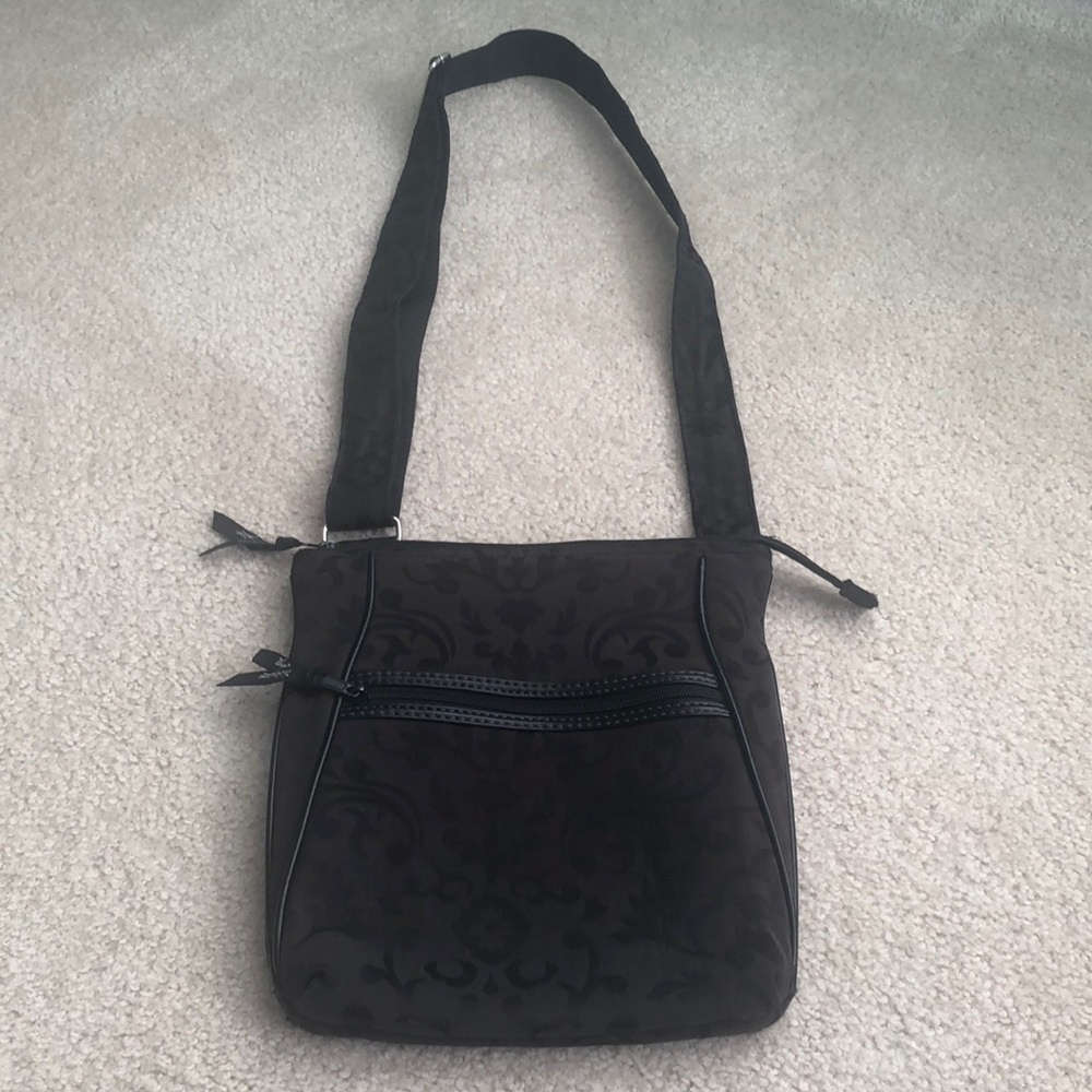 Thirty-one crossbody patterned black and brown bag with multiple zippers